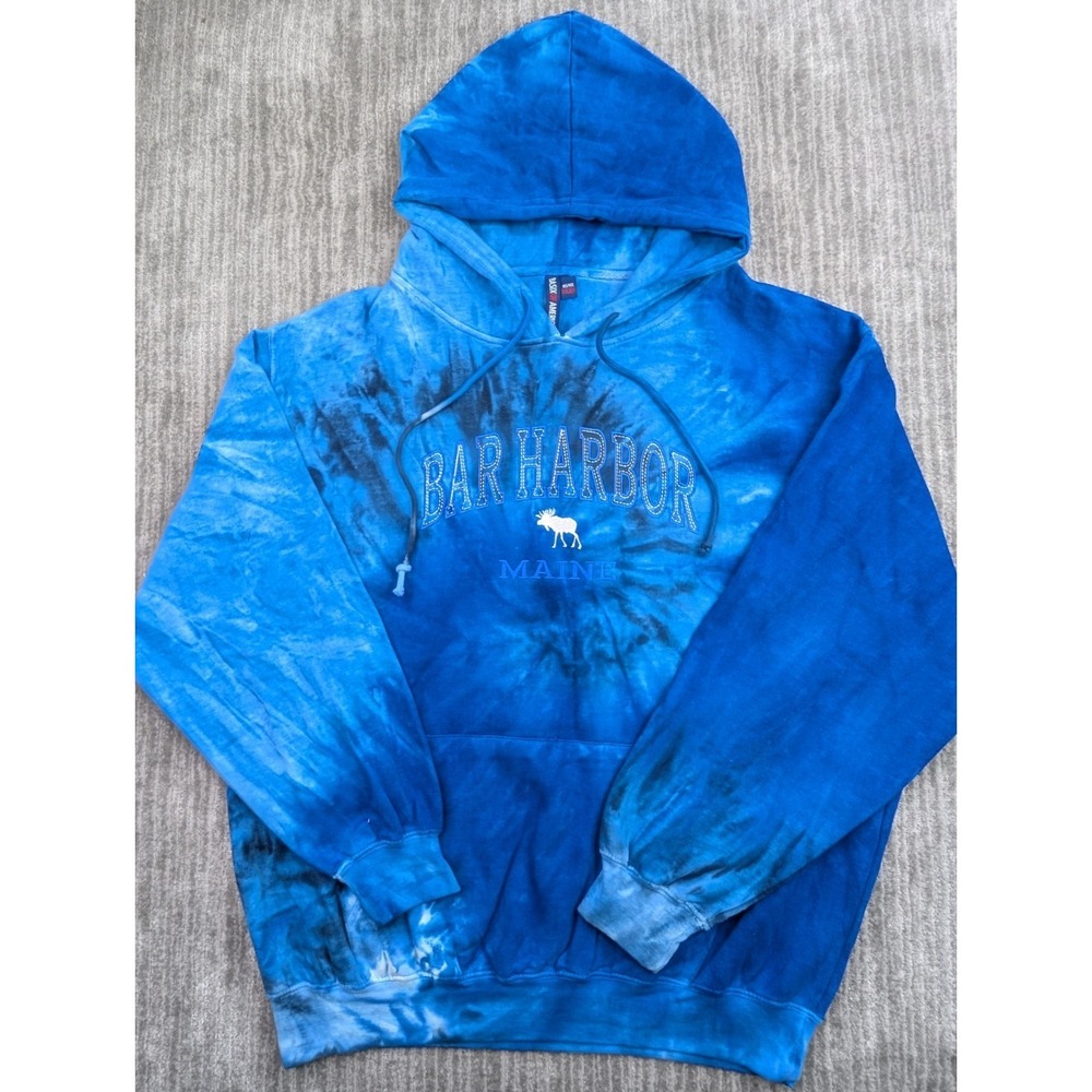 Basix of America Bar Harbor Maine Hoodie XL Blue Tie Dye Moose Sweatshirt